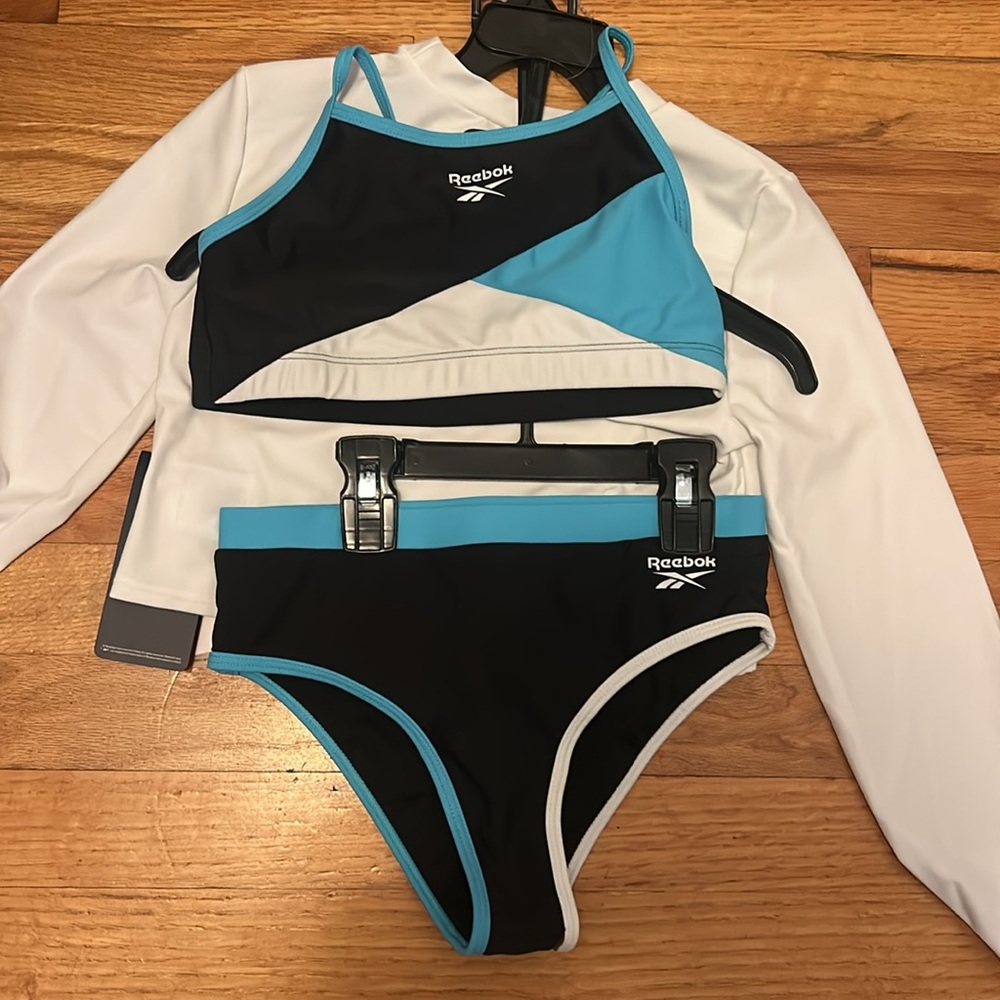 🆕 Reebok Girls' Rash Guard Set 3 PC UPF 50+ Long Sleeve Swim MED 8